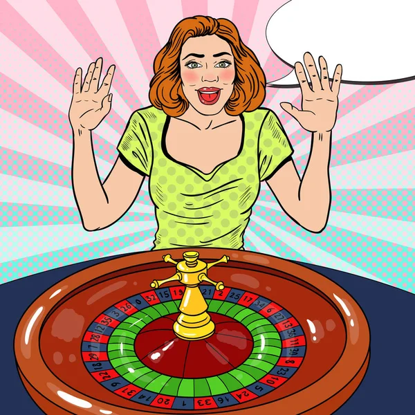 Mujer feliz detrás de la mesa de ruleta celebrando gran victoria. Casino Gambling. Arte pop Vector retro ilustración — Archivo Imágenes Vectoriales