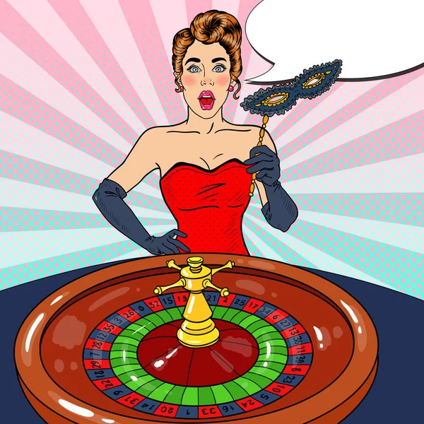 Mujer sorprendida detrás de la mesa de ruleta. Casino Gambling. Arte pop Vector retro ilustración — Vector de stock