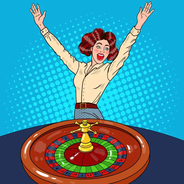 Belle femme derrière la table de roulette célébrant la grande victoire. Casino Gambling. Illustration rétro Pop Art Vector — Image vectorielle