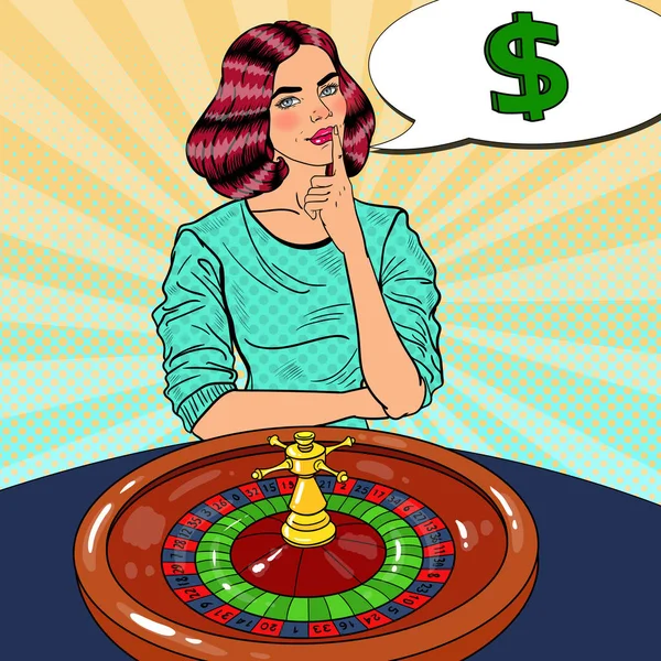 Mulher bonita por trás da mesa de roleta Sonhando com Big Win. Casino Gambling. Pop Art Vector ilustração retro —  Vetores de Stock