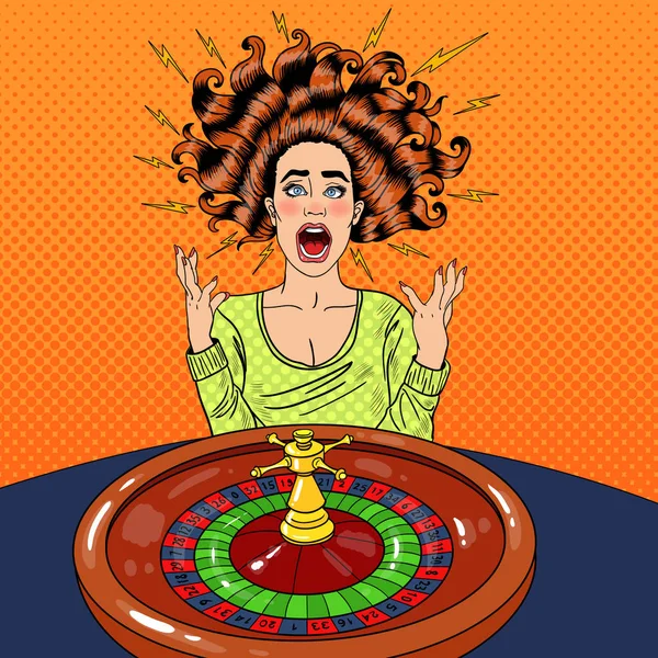 Mujer estresada detrás de la mesa de ruleta. Casino Gambling. Arte pop Vector retro ilustración — Vector de stock