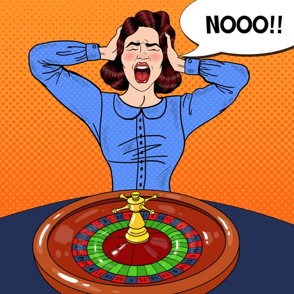 Mujer gritando estresada detrás de la mesa de ruleta. Casino Gambling. Arte pop Vector retro ilustración — Vector de stock