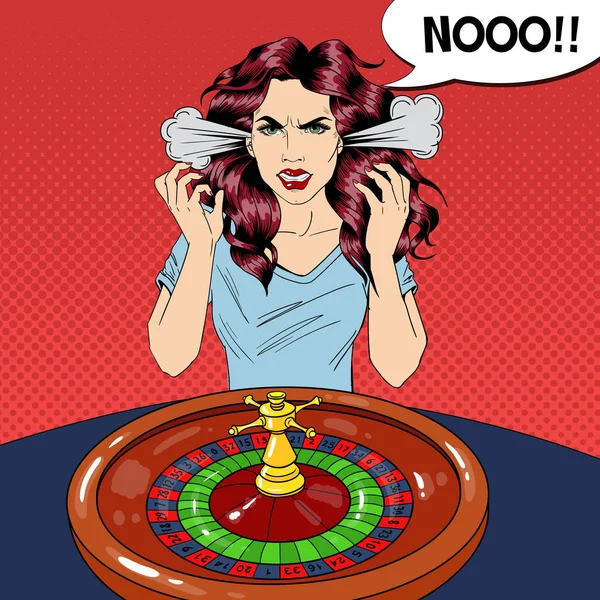 Hysterická žena za ruletového stolu. Hraní v kasinech. Pop-Art vektorové ilustrace retro — Stockový vektor