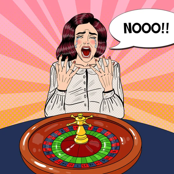 Mujer llorona detrás de la mesa de ruleta. Casino Gambling. Arte pop Vector retro ilustración — Archivo Imágenes Vectoriales