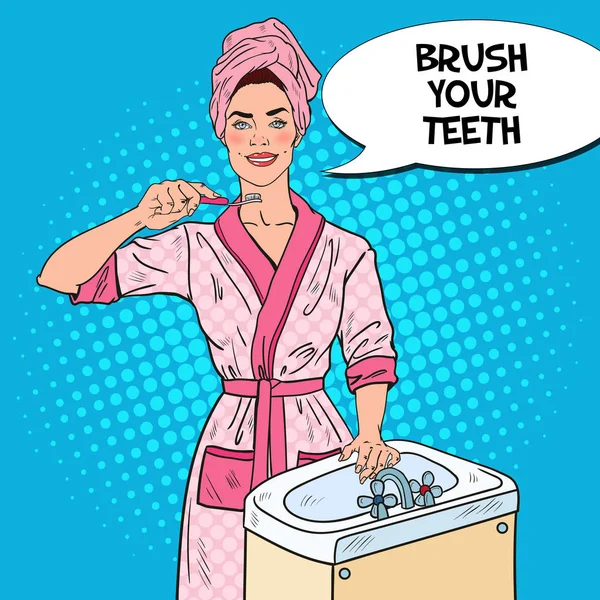 Pop Art lächelnde junge Frau beim Zähneputzen im Badezimmer. Zahnhygiene. Vektorillustration — Stockvektor