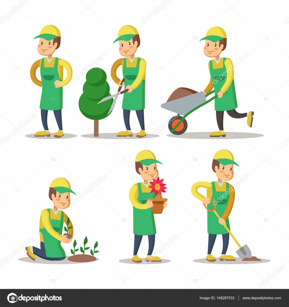 CartoonGärtner Pflanzen Pflanze. Gartenarbeit. Vektorillustration