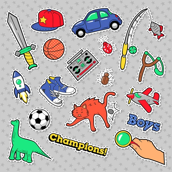 Insignias de moda, parches, pegatinas chicos tema. Juguetes, deportes, coche y grabadora de música en estilo cómico. Ilustración vectorial — Vector de stock