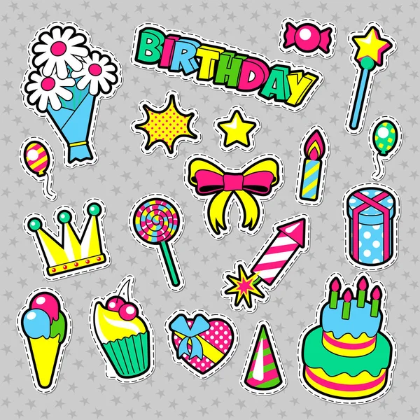 Divat jelvények, patch, matricák születésnapi téma. Boldog születésnapot Party elemek képregény stílusban, torta, léggömbök és ajándékok. Vektoros illusztráció — Stock Vector