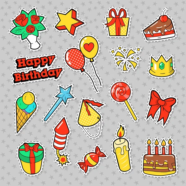 Insignias de moda, parches, pegatinas tema de cumpleaños. Feliz cumpleaños elementos de fiesta en estilo cómico con pastel, globos y regalos. Ilustración vectorial — Vector de stock