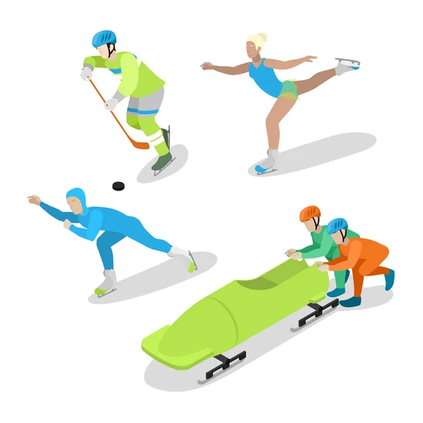 Hockey Player, Figure Skating and Bobsled. Winter Sports. Isometric vector flat 3d illustration — Stock Vector