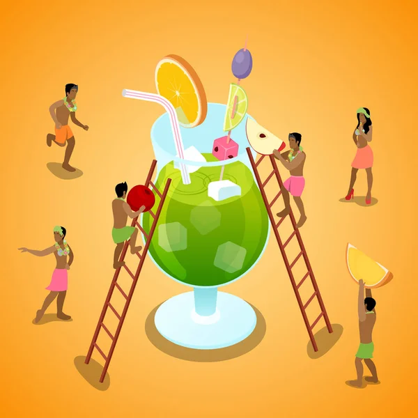 Miniature People Making Summer Cocktail with Fruits. Isometric vector flat 3d illustration — Stock Vector