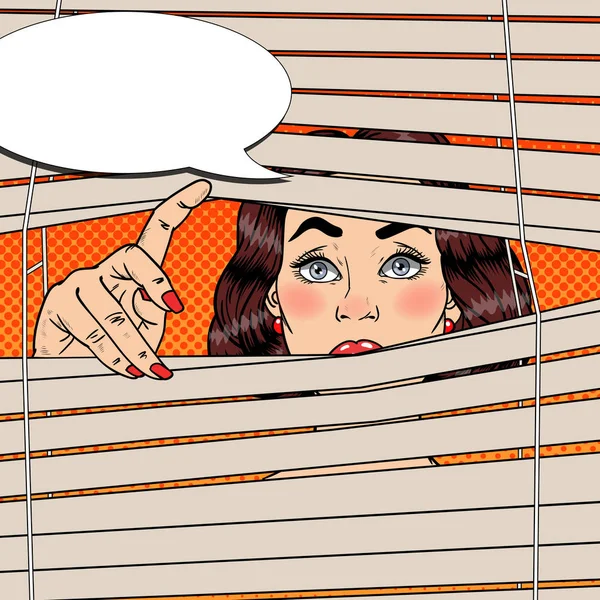 Woman Looking Through the Blinds. Pop Art Vector retro illustration — Stock Vector