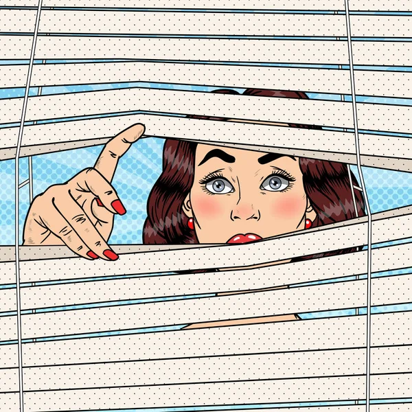 "Shocked Woman Looking Through the Blinds". Ретро-иллюстрация Pop Art Vector — стоковый вектор