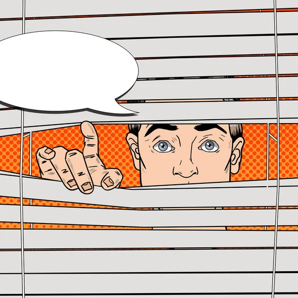 Man Looking Through the Blinds. Illustrazione retrò vettoriale Pop Art — Vettoriale Stock