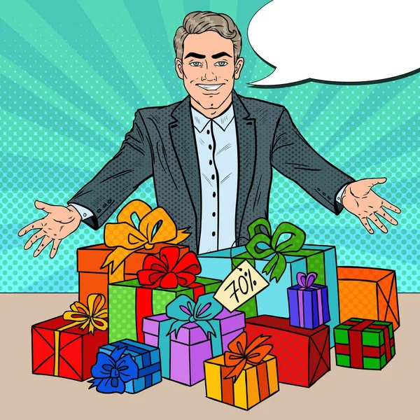 Homme avec des boîtes-cadeaux. Vacances Vente Big Discount. Illustration vectorielle Pop Art — Image vectorielle