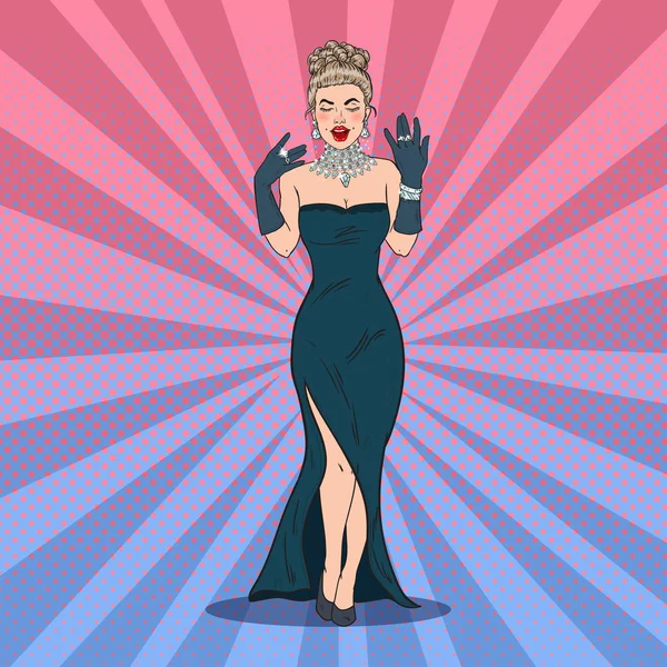 Glamour Femme en robe noire avec bijoux en diamant. Illustration vectorielle Pop Art — Image vectorielle