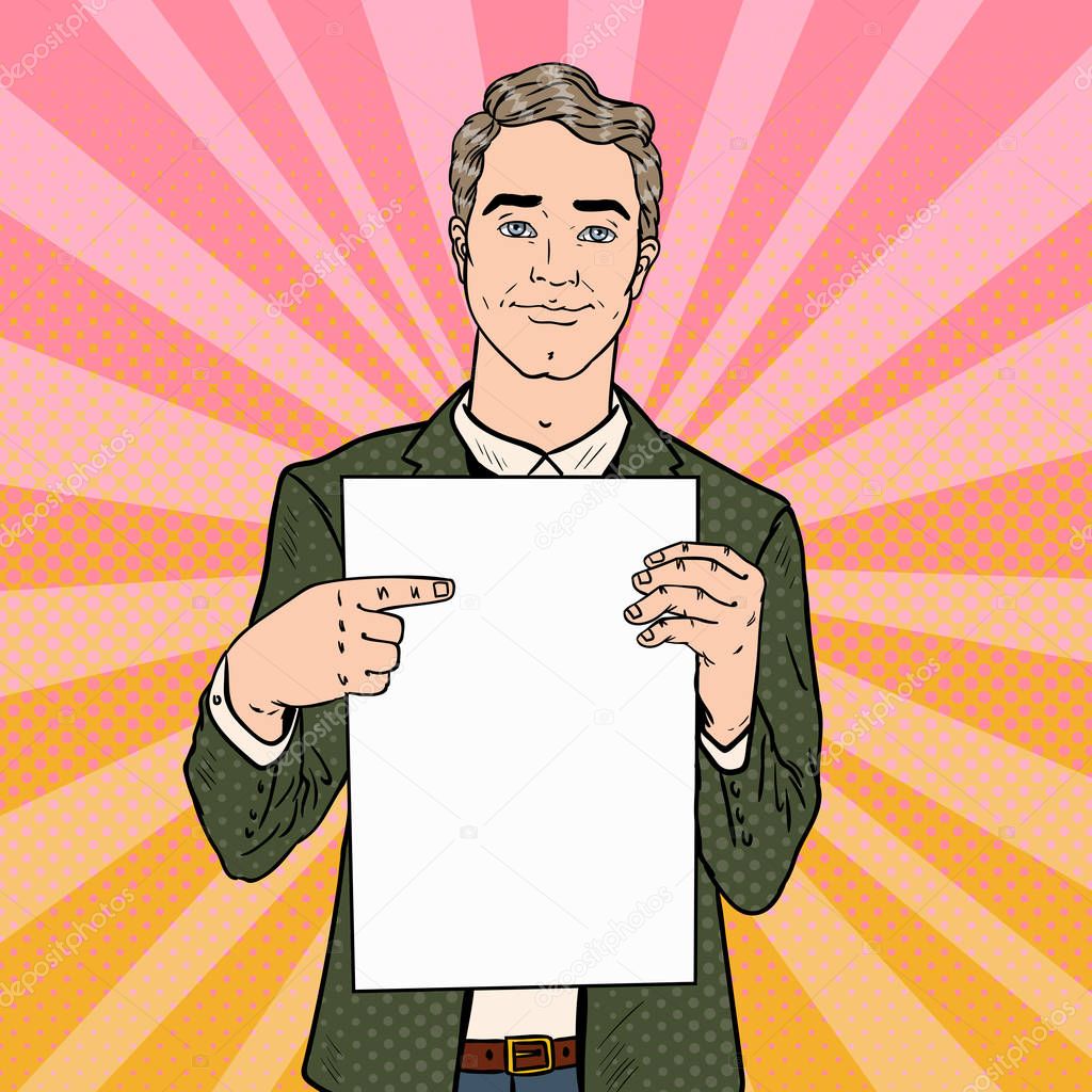 Young Businessman Pointing at Blank Paper Sheet. Business Presentation. Pop Art retro Vector illustration