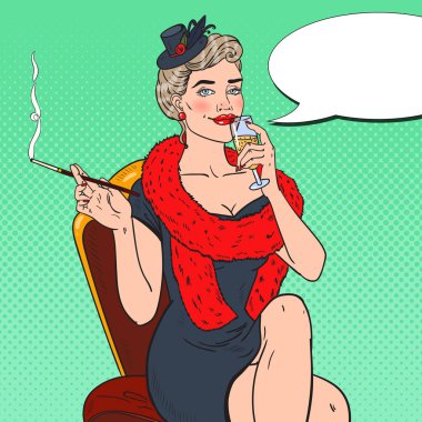 Pop Art kadın kürk şampanya ile. Femme fatale. Retro vektör çizim