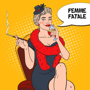 Pop Art güzel kadını kürk şampanya ile. Femme fatale. Retro vektör çizim