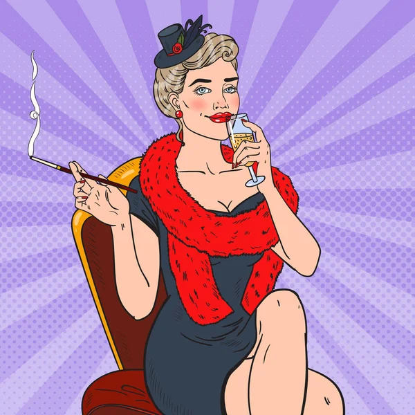 Курящая поп-арт женщина со стаканом шампанского. Роковая женщина. Ретро-векторная иллюстрация — стоковый вектор