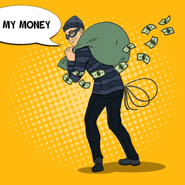 Bandito criminale con la borsa dei soldi. Illustrazione vettoriale retrò Pop Art — Vettoriale Stock