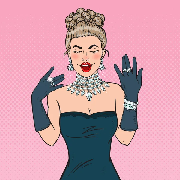 Belle femme en robe noire avec des bijoux en diamant. Illustration vectorielle Pop Art — Image vectorielle