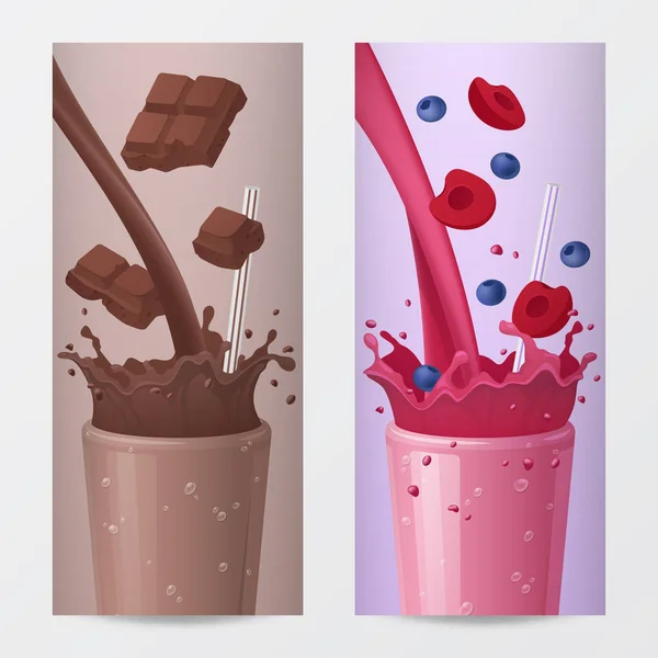 Süßgetränk vertikale Banner mit fallender Schokolade und Früchten. Vektorillustration — Stockvektor