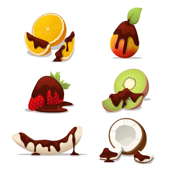 Deliciosas frutas no chocolate. Ilustração vetorial —  Vetores de Stock