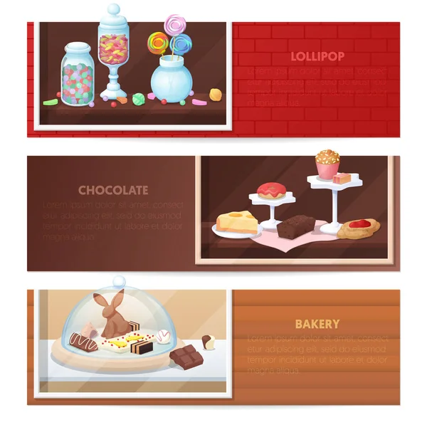 お菓子食品 - パン屋、お菓子やチョコレートの水平バナー。ベクトル図 — ストックベクタ