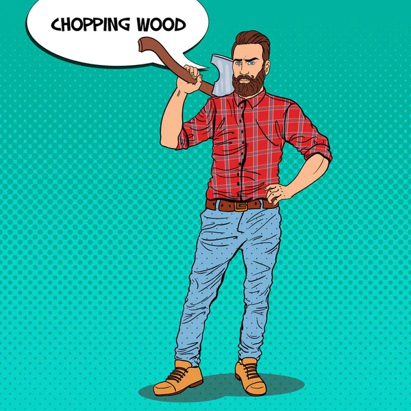 Holzfäller mit Bart und Axt. Holzfäller. Pop Art Vektor Illustration — Stockvektor