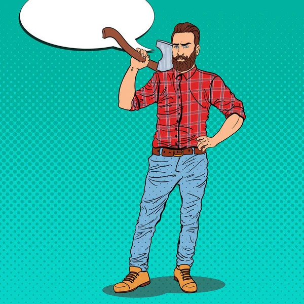 Hipster leñador con barba y hacha. Trabajador de leñador. Pop Art vintage vector ilustración — Vector de stock