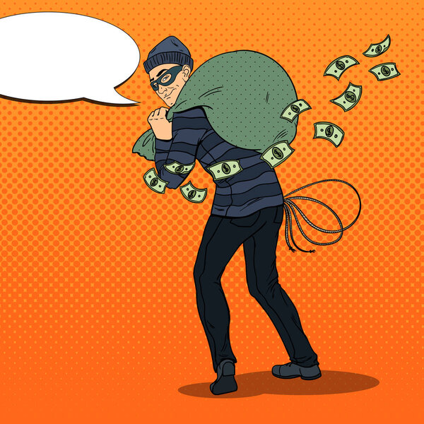 Thief in Black Mask with Money Bag. Pop Art retro vector illustration