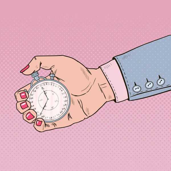 Femme tenant la main chronomètre. Gestion du temps. Illustration vectorielle rétro Pop Art — Image vectorielle