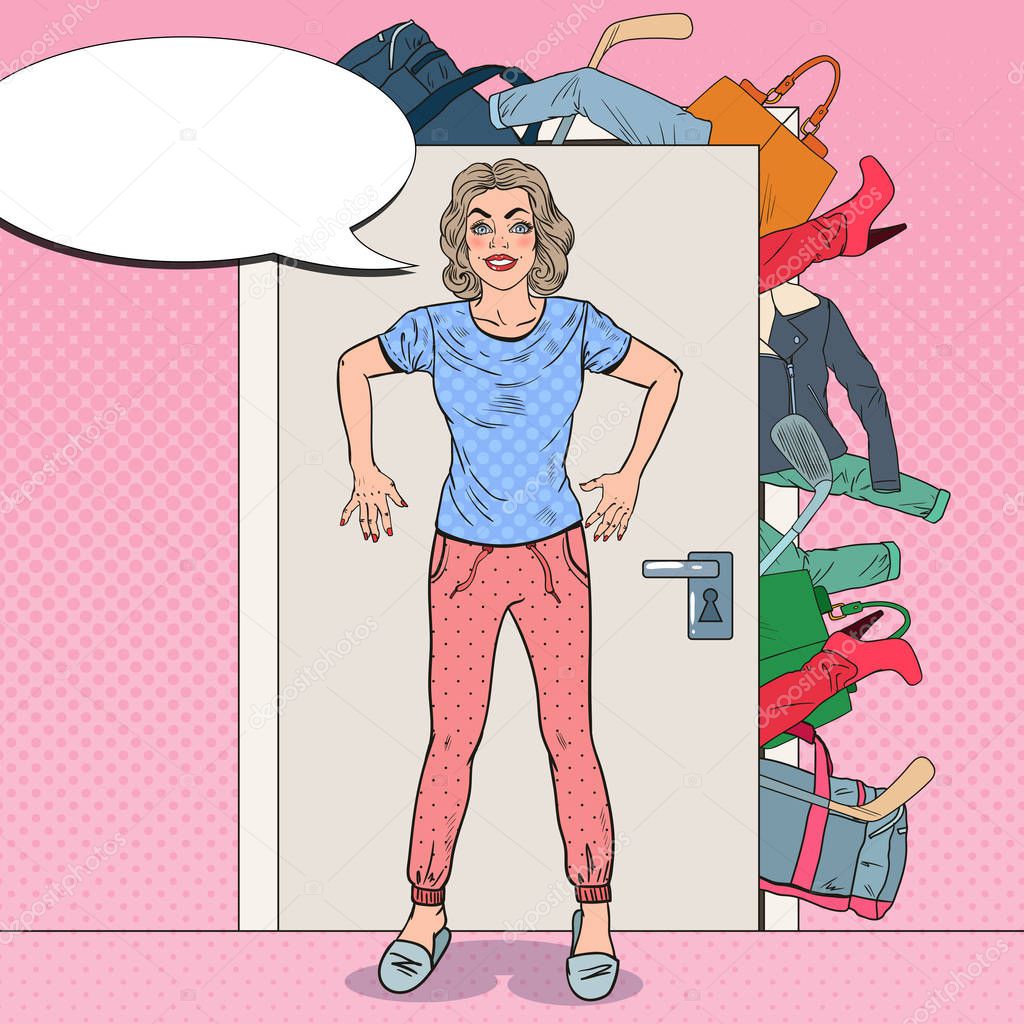 Young Woman Holding the Door with Bunch of Clothes. Pop Art vector illustration