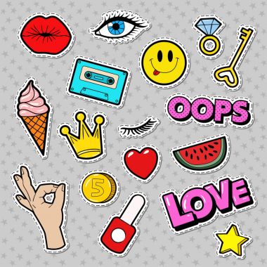 Moda rozetleri kümesiyle yamalar, çıkartmalar, dudaklar, kalp, yıldız, Pop Art Comic stilinde el. Vektör çizim