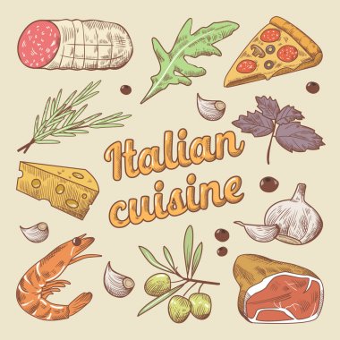 İtalyan mutfağı Doodle Pizza, peynir ve et. Çizilmiş vektör çizim el