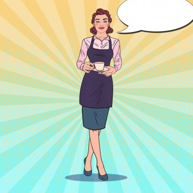 Kadın barmen Cafe kahve fincan ile gülümseyen. Pop Art retro vektör çizim