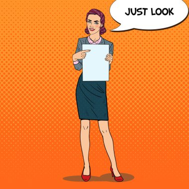 Boş kağıt sayfaya işaret eden güzel bir kadın. İş sunma. Pop Art retro vektör çizim