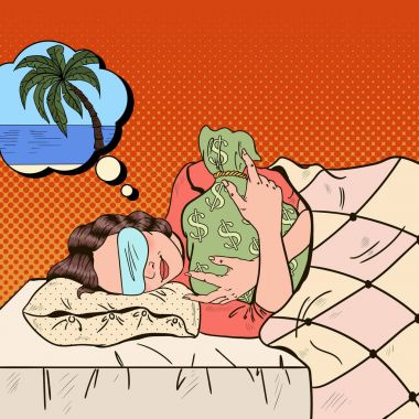 Para çantasını ve tatiller hakkında rüya ile yatakta uyuyan iş kadın. Pop Art retro vektör çizim