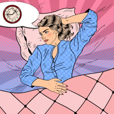 Genç kadın yatakta yatan uykusuzluk ile. Pop Art retro vektör çizim