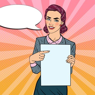 İş kadını boş kağıt sayfası sunu üzerinde işaret. Pop Art retro vektör çizim