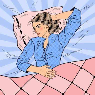 Uykusuz gece olan kadın. Uykusuzluk. Pop Art retro vektör çizim