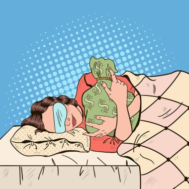 Para çantası ile yatakta uyuyan genç kadın. Pop Art retro vektör çizim