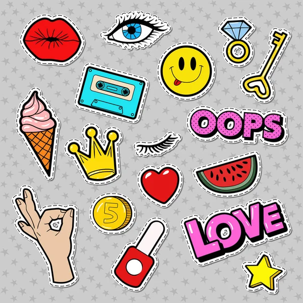 Set de insignias de moda con parches, pegatinas, labios, corazón, estrella, mano en el estilo de cómic de arte pop. Ilustración vectorial — Archivo Imágenes Vectoriales