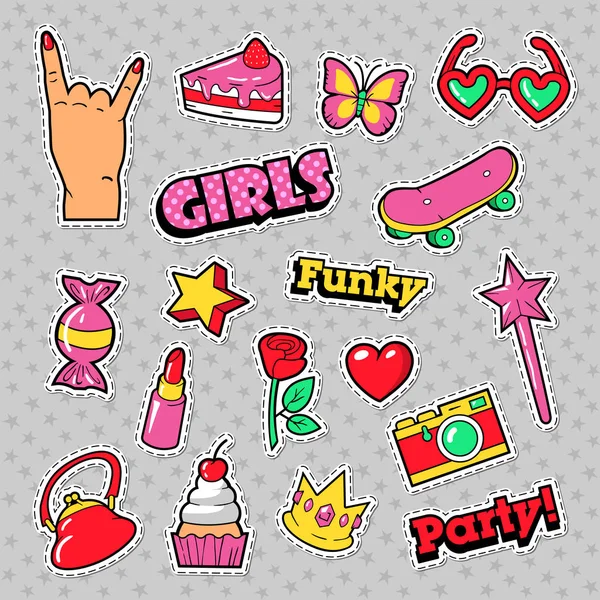 Divat lányok jelvények, patch, matricák - torta, a kéz, a szív, a korona és a rúzs Pop Art képregény stílusban. Vektoros illusztráció — Stock Vector