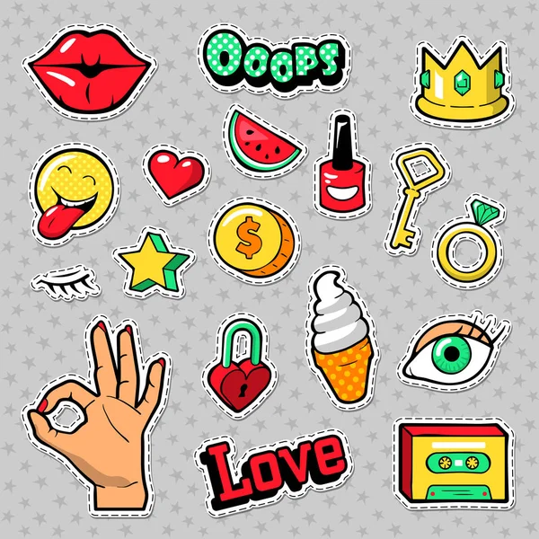 Set de insignias de moda con parches, pegatinas, labios, corazón, estrella, mano en el estilo de cómic de arte pop. Ilustración vectorial — Archivo Imágenes Vectoriales