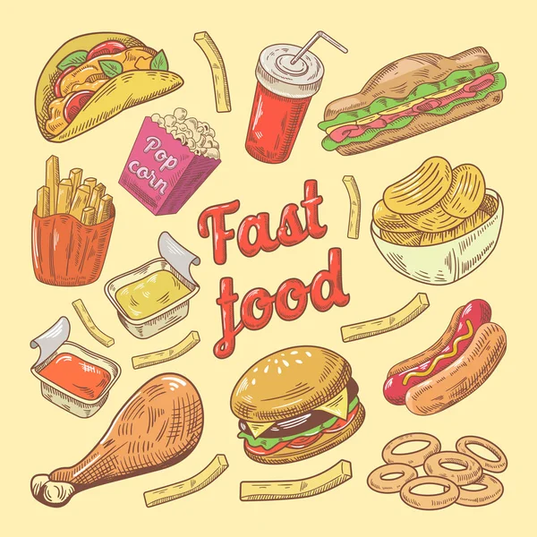 Fast Food Hand dras Doodle med hamburgare och pommes frites. Vektorillustration — Stock vektor