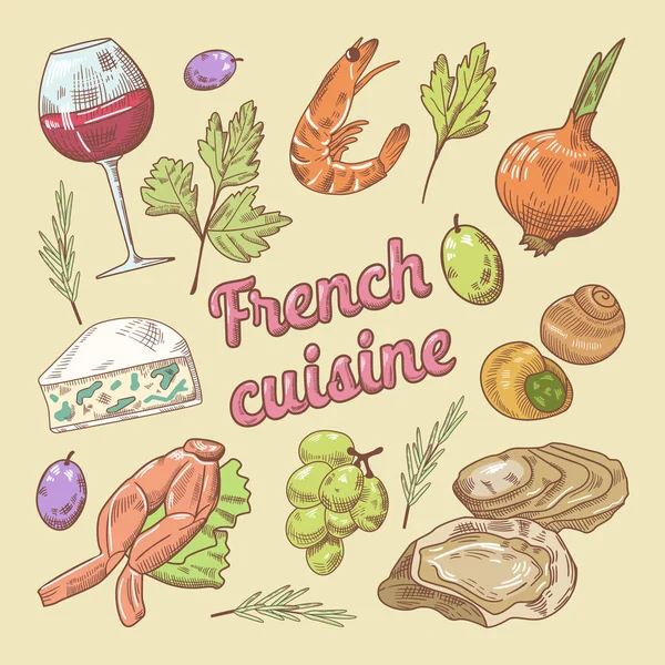 French Cuisine doodle dengan anggur dan keju. Ilustrasi vektor gambar tangan - Stok Vektor