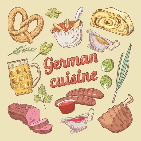 Cucina tedesca Cibo Doodle con salsicce e stufato di maiale. Illustrazione disegnata a mano vettoriale — Vettoriale Stock