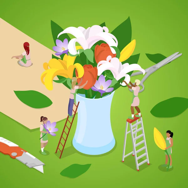 Personas en miniatura haciendo ramo de flores. Floristería. Ilustración Isométrica vector plano 3d — Archivo Imágenes Vectoriales